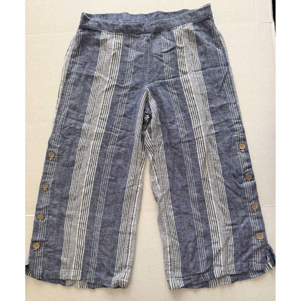 J. Jill Women's Cropped Wide-Leg Striped Linen Blend Pants L Coastal Grandma